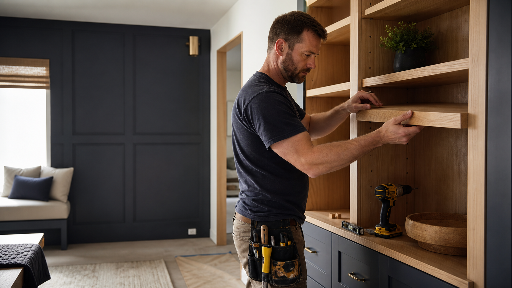 Professional handyman installing custom oak shelving