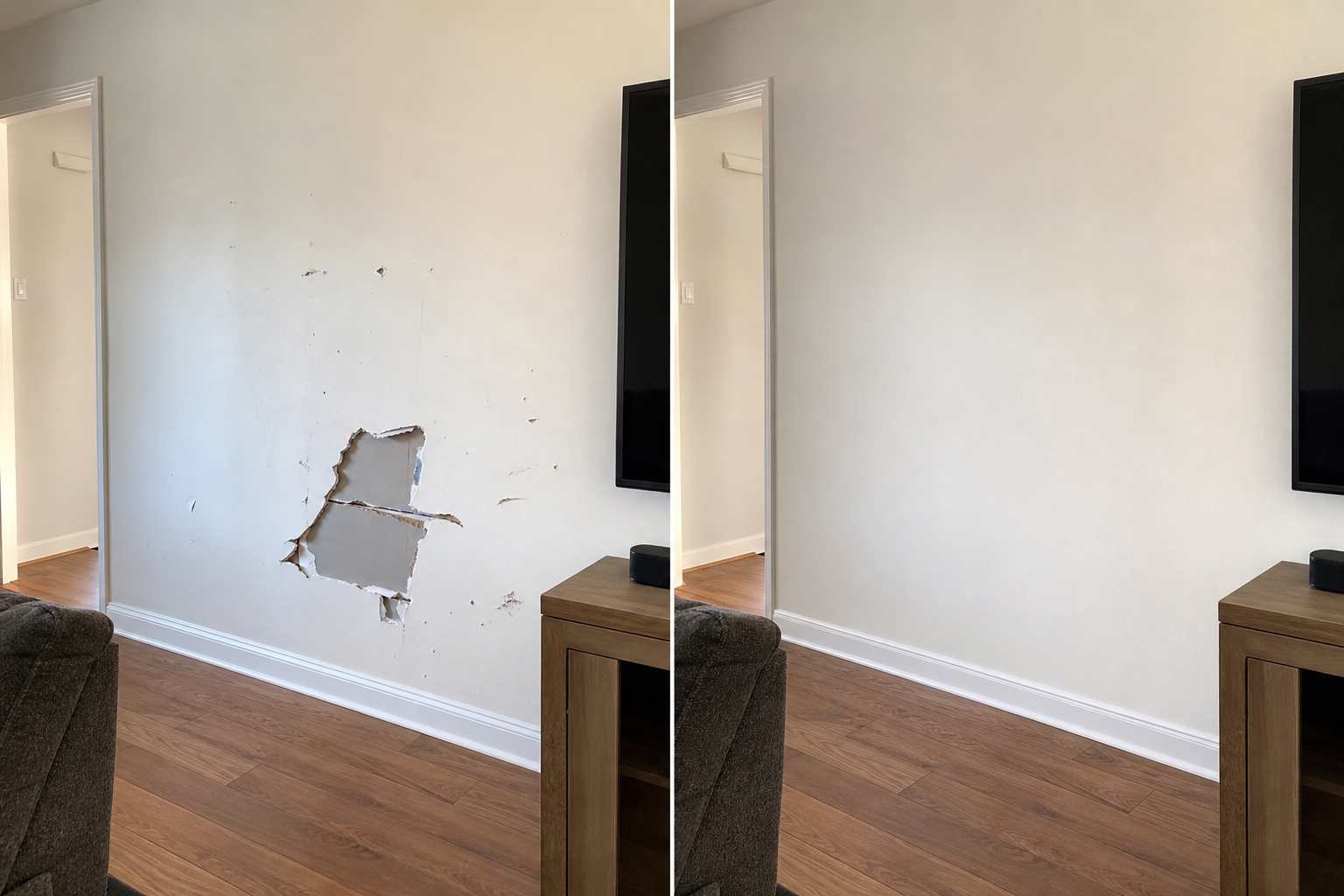 Before and after drywall repair